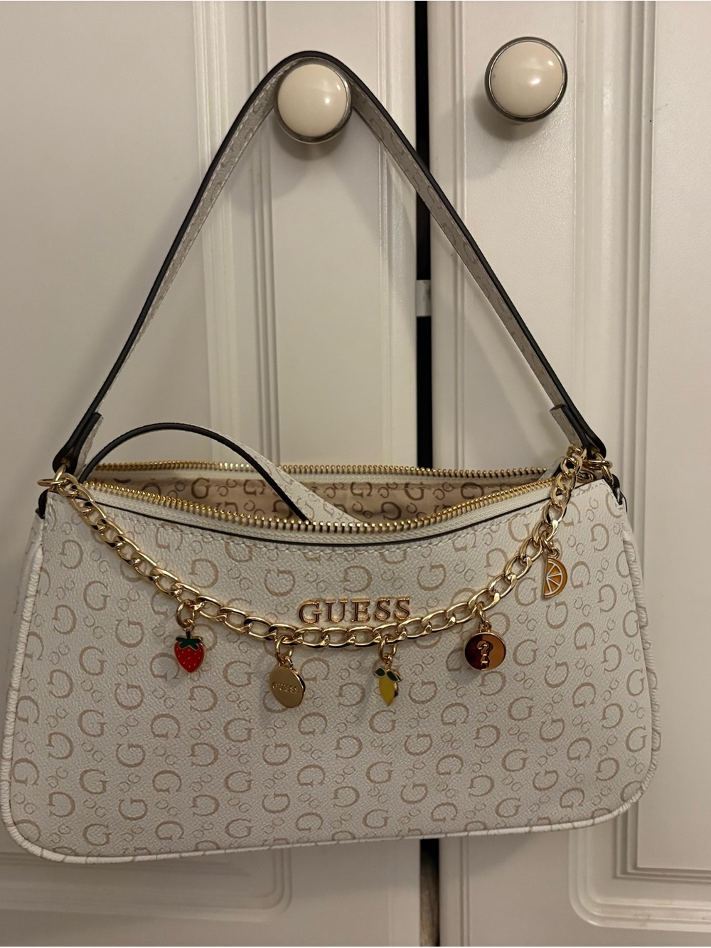 GUESS Cream Logo Charm Chain Shoulder Bag